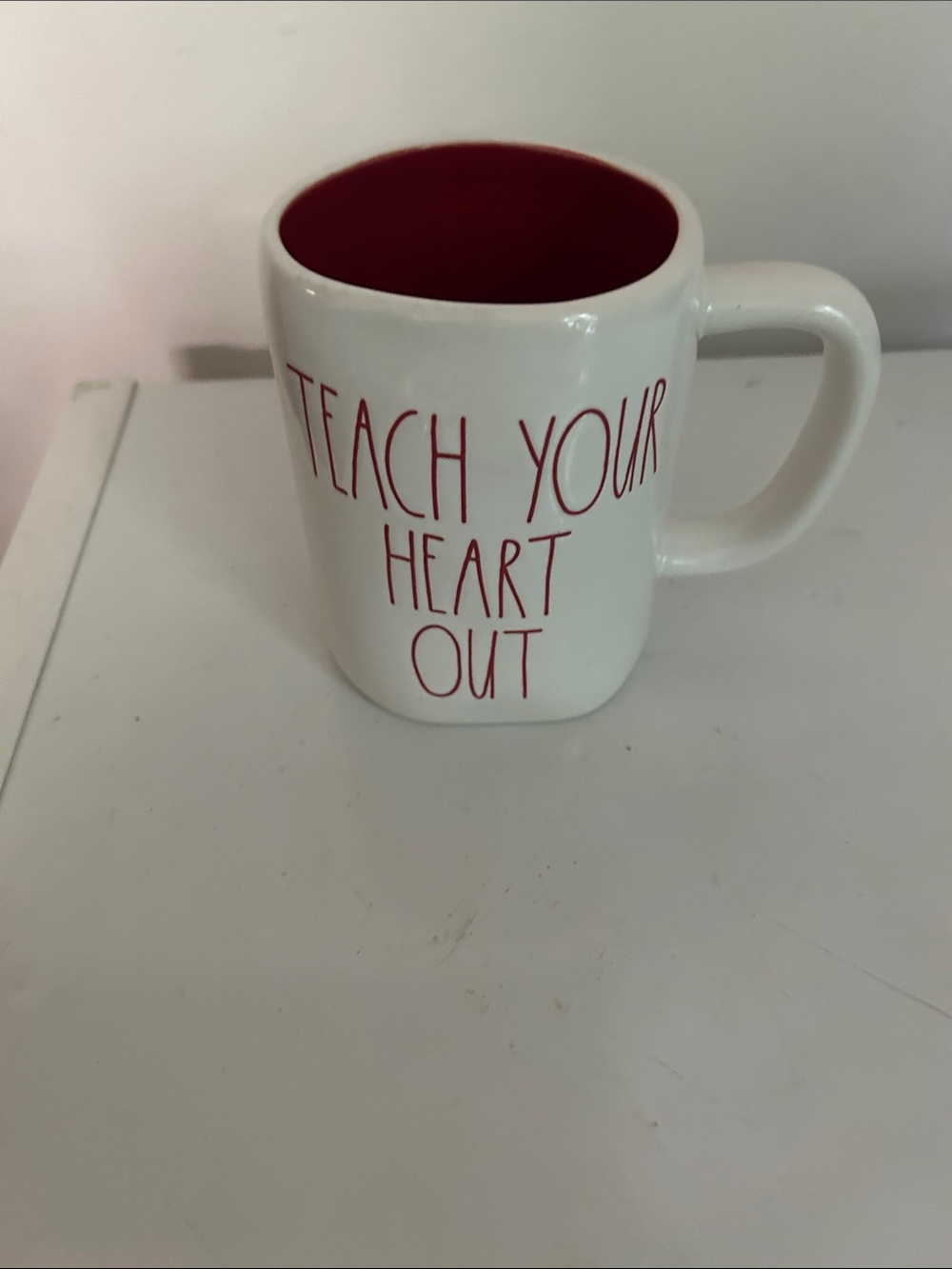 Rae Dunn White Mug with Red Interior and Red Lettering - Teach Your Heart Out